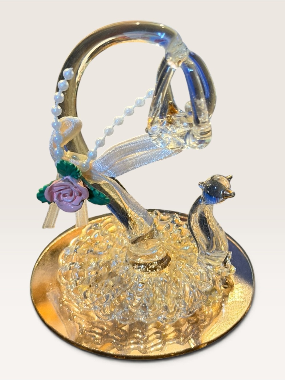 Vintage Glass Baron Cat & Birdcage Figurine Pink Rose Mirrored Base
